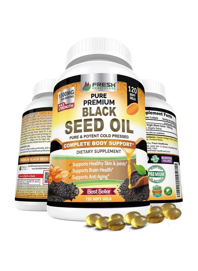 FRESH HEALTHCARE - Black Seed Oil Capsules Cold Pressed 1300Mg Per Serving 100% Pure & Premium Nongmo Nigella Sativa Black Cumin Seed Oil Supports Immune System Joint & Skin Health 120 Capsules - Image 1