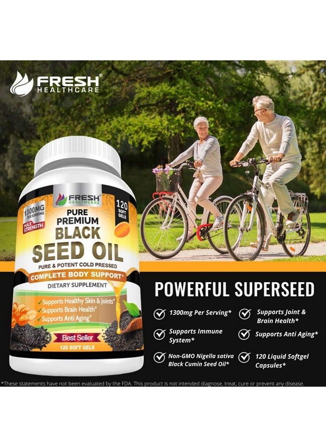 FRESH HEALTHCARE - Black Seed Oil Capsules Cold Pressed 1300Mg Per Serving 100% Pure & Premium Nongmo Nigella Sativa Black Cumin Seed Oil Supports Immune System Joint & Skin Health 120 Capsules - Image 1