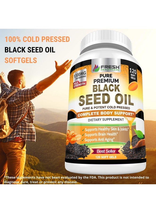 FRESH HEALTHCARE - Black Seed Oil Capsules Cold Pressed 1300Mg Per Serving 100% Pure & Premium Nongmo Nigella Sativa Black Cumin Seed Oil Supports Immune System Joint & Skin Health 120 Capsules - Image 1
