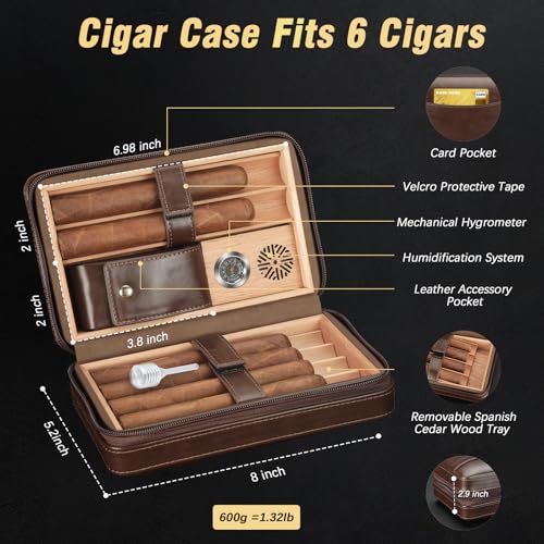 TISFA Cigar Humidor, Leather Cigar Case with Cigar Lighter, Cigar Cutter V Cut, Cigar Stand 3 in 1, Portable Travel Humidor with Humidifier, Cigar Gift Cedar Wood Cigar Box (Dark Brown) - Image 2