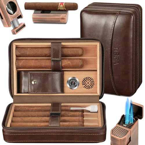 TISFA Cigar Humidor, Leather Cigar Case with Cigar Lighter, Cigar Cutter V Cut, Cigar Stand 3 in 1, Portable Travel Humidor with Humidifier, Cigar Gift Cedar Wood Cigar Box (Dark Brown) - Image 1