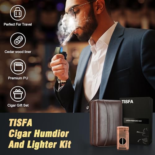 TISFA Cigar Humidor, Leather Cigar Case with Cigar Lighter, Cigar Cutter V Cut, Cigar Stand 3 in 1, Portable Travel Humidor with Humidifier, Cigar Gift Cedar Wood Cigar Box (Dark Brown) - Image 4