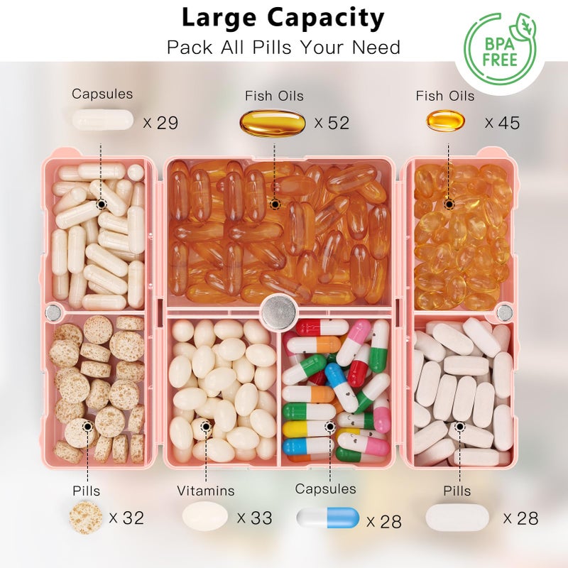 FYY Daily Pill Organizer,7 Compartments Portable Travel Pill Case [Folding Design] Pill Box for Purse Pocket to Hold Vitamins,Cod Liver Oil,Supplements and Medication-Rosegold - Image 2
