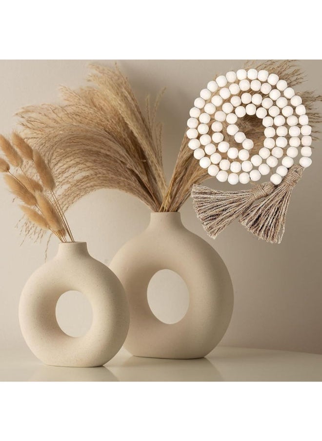 Generic Ryddelighome White Ceramic Vase Set Of 2 + Wooden Beads Garland Table Decor, Modern Vases, Round Vases Centerpieces, Home Decor Accents, Mantel Decorations, Pampas Vase, Neutral Home Decor Aesthetic 