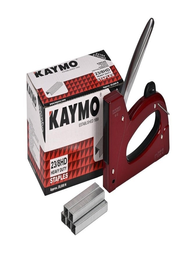 Kaymo K-10 Hand Tacker with 23 Series H - 8mm Staple Pins (1 Carton - 20000 Pins) | Compact Lightweight Tool | Full Steel Handle | All Metal Body | Lockable Handle | Staple Viewing Window | 198g - Image 1