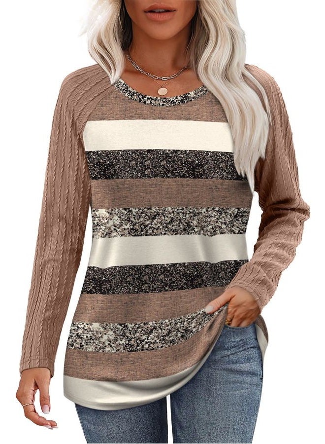 OFEEFAN Long Sleeve Shirts for Womens Fall Fashion 2025 Crewneck Oversized Sweatshirt Tunic Tops to Wear with Leggings, Z-brown Stripes, M - Image 2