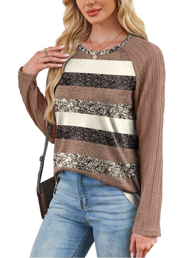 OFEEFAN Long Sleeve Shirts for Womens Fall Fashion 2025 Crewneck Oversized Sweatshirt Tunic Tops to Wear with Leggings, Z-brown Stripes, M - Image 4
