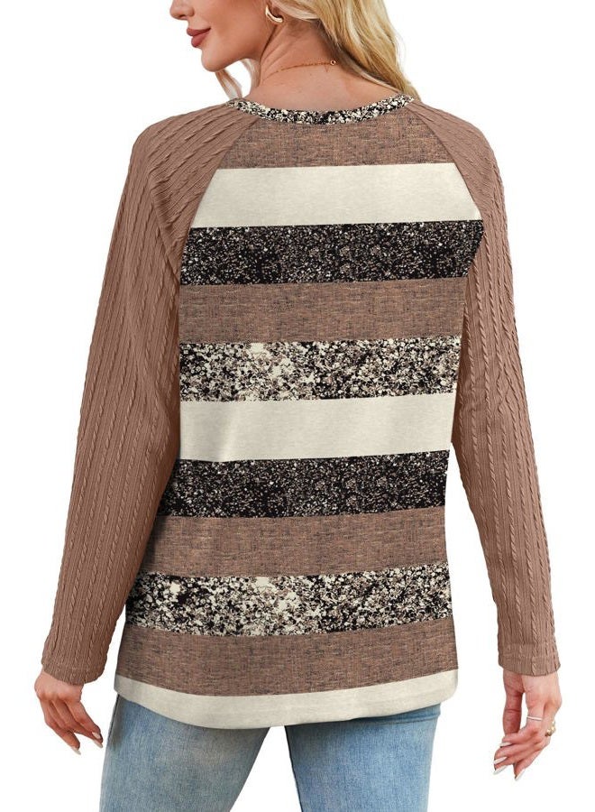 OFEEFAN Long Sleeve Shirts for Womens Fall Fashion 2025 Crewneck Oversized Sweatshirt Tunic Tops to Wear with Leggings, Z-brown Stripes, M - Image 5