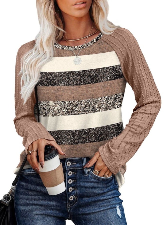 OFEEFAN Long Sleeve Shirts for Womens Fall Fashion 2025 Crewneck Oversized Sweatshirt Tunic Tops to Wear with Leggings, Z-brown Stripes, M - Image 3