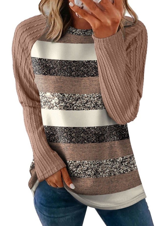 OFEEFAN Long Sleeve Shirts for Womens Fall Fashion 2025 Crewneck Oversized Sweatshirt Tunic Tops to Wear with Leggings, Z-brown Stripes, M - Image 1