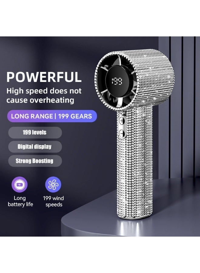 مروحة يدوية محمولة وميضية من الألماس، مروحة توربينات رياح قوية، مروحة قابلة لإعادة الشحن عبر USB، 199 سرعة، شاشة رقمية، مناسبة للنساء والرجال أثناء السفر والتخييم والأزياء الخارجية - Image 1