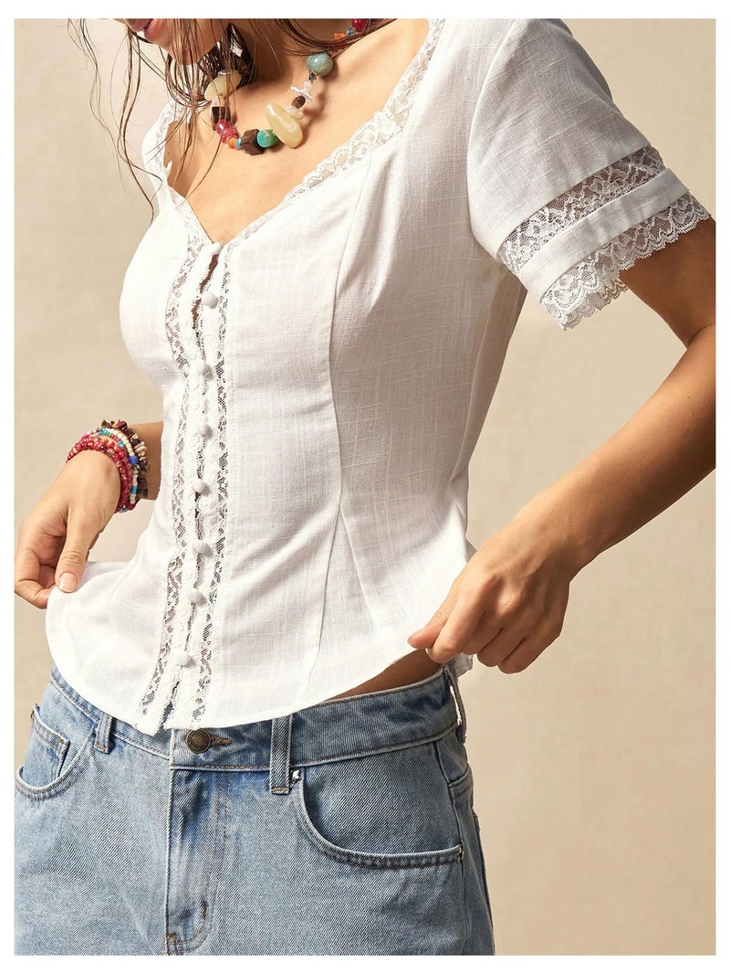MakeMeChic Women's Lace Sweetheart Blouse Linen Button Front Short Sleeve Shirred Shirt Tops White Large - Image 3