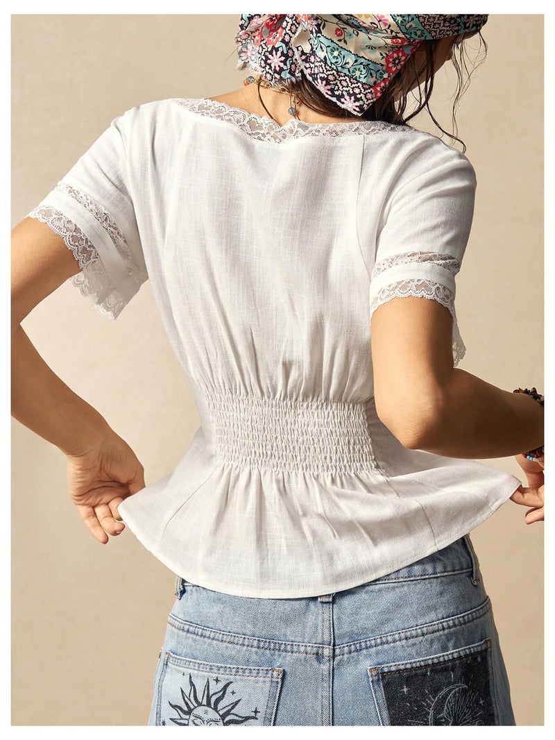 MakeMeChic Women's Lace Sweetheart Blouse Linen Button Front Short Sleeve Shirred Shirt Tops White Large - Image 2