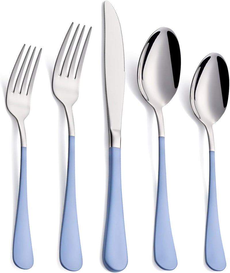 Moxinox 20-Piece Grey Blue Silverware Set, 18/0 Stainless Steel Grey Blue Handle Flatware Set, Service for 4,Modern Cutlery Set Includes Dinner Knives Forks Spoons,Mirror Polished,Dishwasher Safe - Image 1
