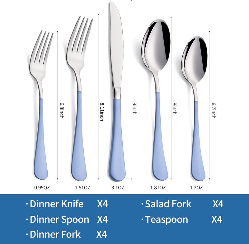 Moxinox 20-Piece Grey Blue Silverware Set, 18/0 Stainless Steel Grey Blue Handle Flatware Set, Service for 4,Modern Cutlery Set Includes Dinner Knives Forks Spoons,Mirror Polished,Dishwasher Safe - Image 2