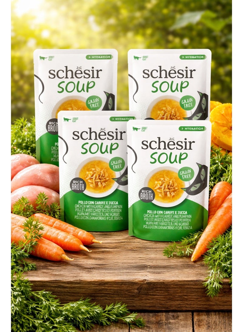 Schesir Soup for Adult Cats – Chicken with Carrot and Pumpkin – Grain-Free Wet Food – Rich Broth for Hydration – 40 g (Pack of 4) - Image 1