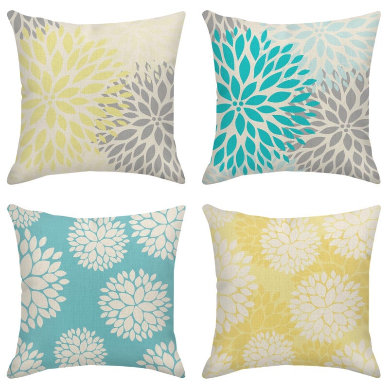 Taysta Decorative Linen Throw Pillow Covers Set of 4 Yellow and Gray Pastel Blue and Gray Trendy White Floral Teal Turquoise Aqua Lemon Floral Dahlia Pillow Case 18x18 inches