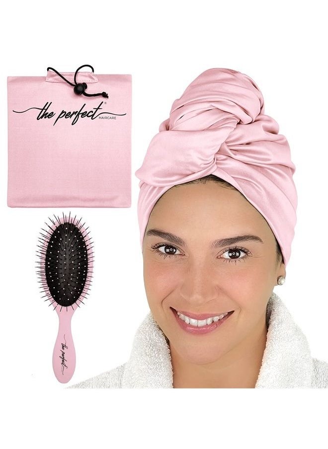 THE PERFECT HAIRCARE - Ultra-Fine Microfiber Hair Towel Wrap & Wet/Dry Detangling Hair Brush Anti-Frizz Turban for Curly or Wavy Haired Women Girls & Kids - Quick Drying - Good for Travel (Pink) - Image 1