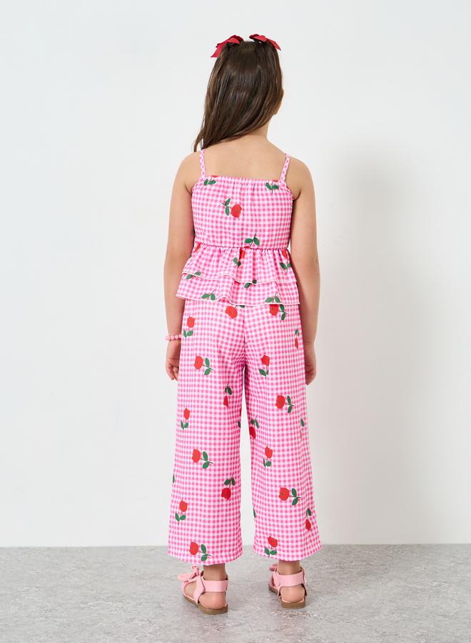 Styli Girls Pink Gingham Rose Print Top and Pants Set - Image 4