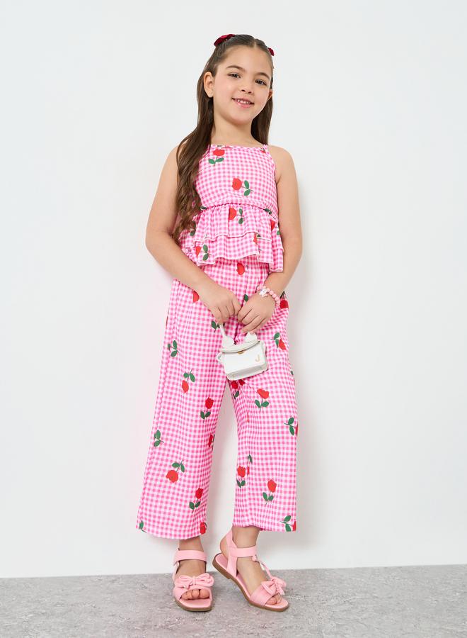 Styli Girls Pink Gingham Rose Print Top and Pants Set - Image 1