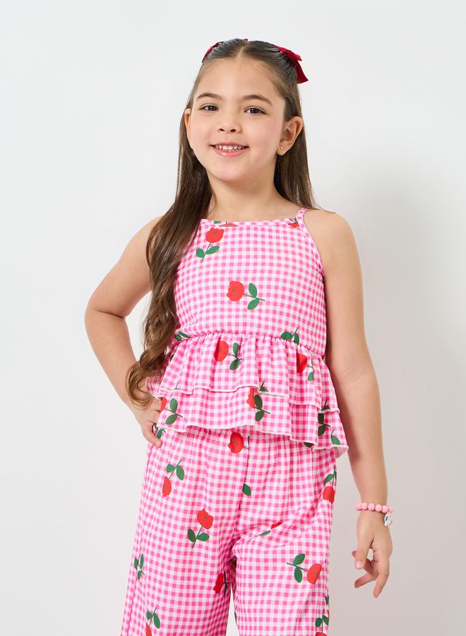 Styli Girls Pink Gingham Rose Print Top and Pants Set - Image 2