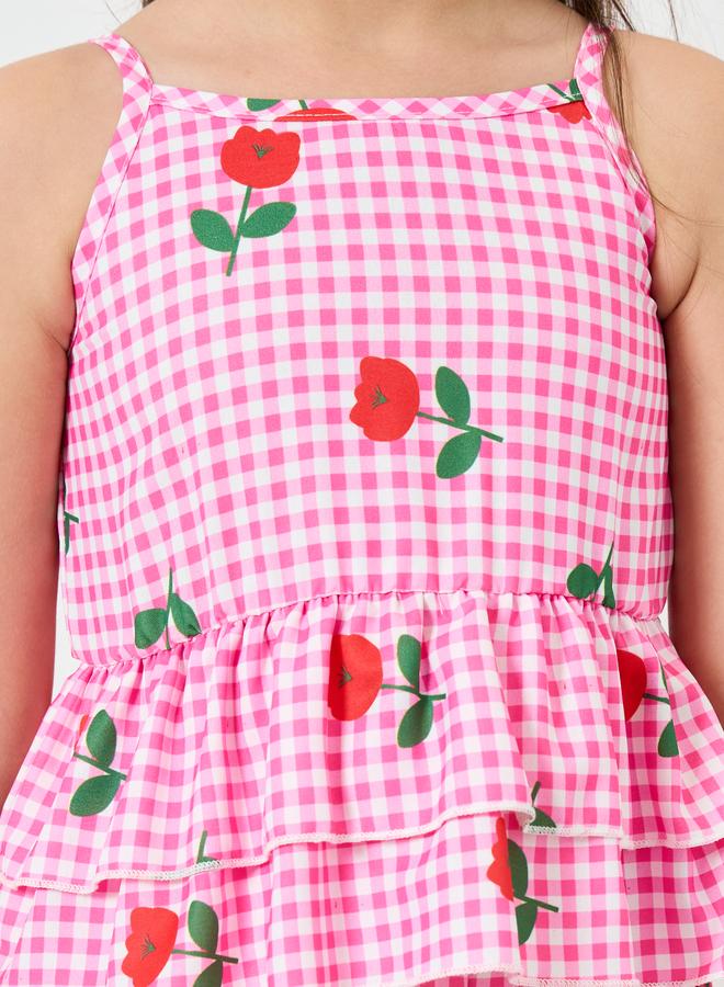 Styli Girls Pink Gingham Rose Print Top and Pants Set - Image 3