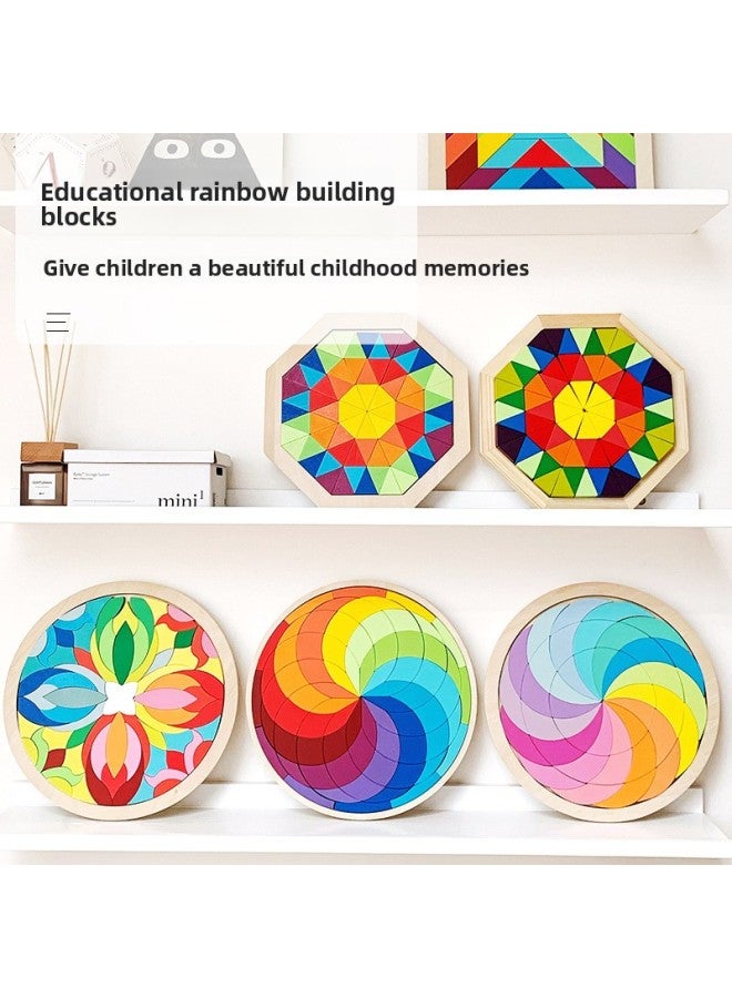 Children's Wooden Early Education Fun Jigsaw Puzzle Rainbow Building Blocks Large Disc Variety Modeling Puzzle Puzzle Puzzle Educational Toys-Color:Macaron Cyclone Plate - Image 3