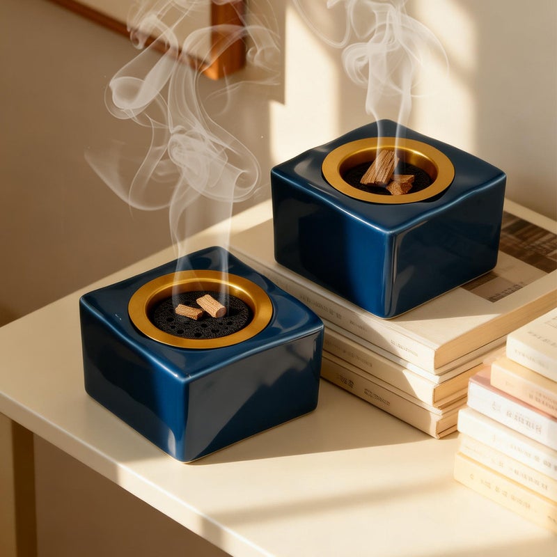 Blue Glaze Square Ceramic Incense Burner - Modern Tabletop Aromatherapy Holder for Home & Office - Image 2