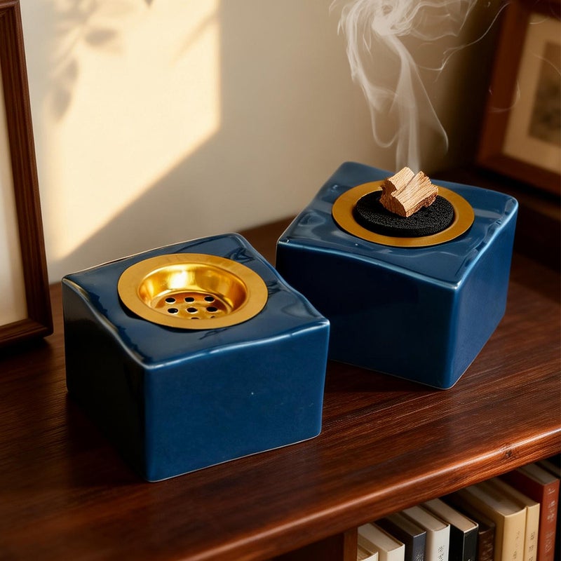 Blue Glaze Square Ceramic Incense Burner - Modern Tabletop Aromatherapy Holder for Home & Office - Image 4