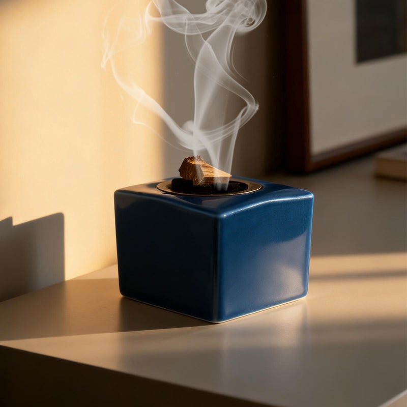 Blue Glaze Square Ceramic Incense Burner - Modern Tabletop Aromatherapy Holder for Home & Office - Image 1