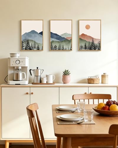 KUVIOKE Mountain Landscape Framed Wall Decor Boho Sun Rise Watercolor Nature Art Prints Farmhouse Rustic Bedroom Dining Living Room Decor 12x16in (Natural Framed) - Image 1