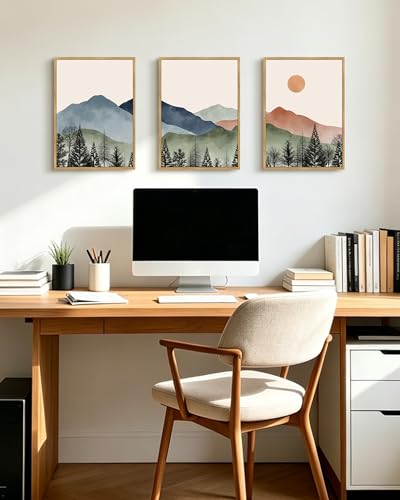 KUVIOKE Mountain Landscape Framed Wall Decor Boho Sun Rise Watercolor Nature Art Prints Farmhouse Rustic Bedroom Dining Living Room Decor 12x16in (Natural Framed) - Image 2