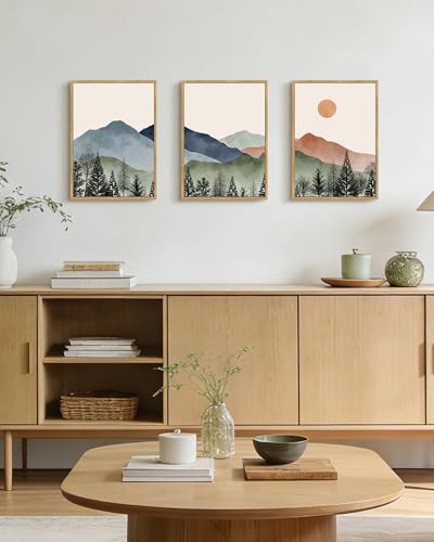 KUVIOKE Mountain Landscape Framed Wall Decor Boho Sun Rise Watercolor Nature Art Prints Farmhouse Rustic Bedroom Dining Living Room Decor 12x16in (Natural Framed) - Image 5