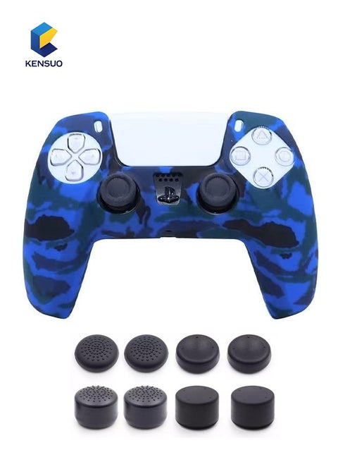 إكسسوارات غلاف سيليكون لجهاز التحكم اللاسلكي Sony PS5، أغلفة مقابض مضادة للانزلاق والخدوش، واقية من الغبار، غطاء سيليكون واقي لجهاز التحكم PS5 باللون الأزرق/الأسود مع 4 أزواج من مقابض الإبهام (8 قطع).