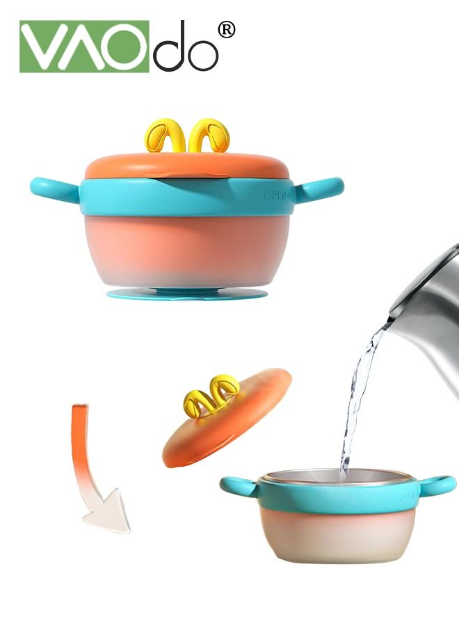 VAOdo Baby Feeding Bowl Anti-scald Stainless Water for Toddlers Serving Bowls Practical Anti-fall Steel with Lid Inject Hot Water to Change Color Bowls Orange - Image 1