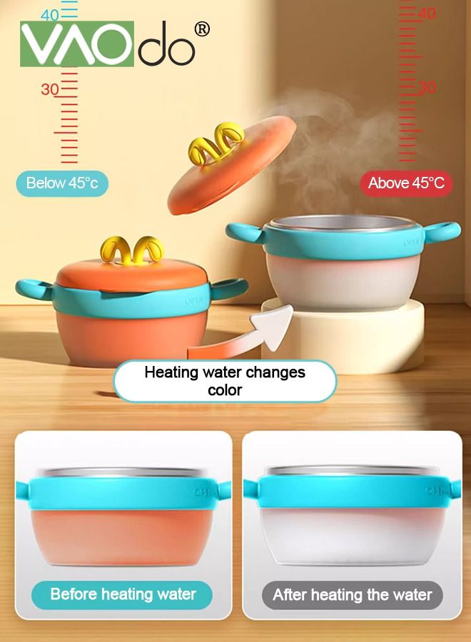 VAOdo Baby Feeding Bowl Anti-scald Stainless Water for Toddlers Serving Bowls Practical Anti-fall Steel with Lid Inject Hot Water to Change Color Bowls Orange - Image 4
