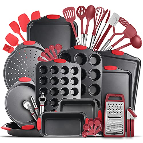 Eatex Nonstick Bakeware Sets with Baking Pans Set, 39 Piece Baking Set with Muffin Pan, Cake Pan & Cookie Sheets for Baking Nonstick Set, Steel Baking Sheets for Oven with Red Kitchen Utensils Set - Image 1