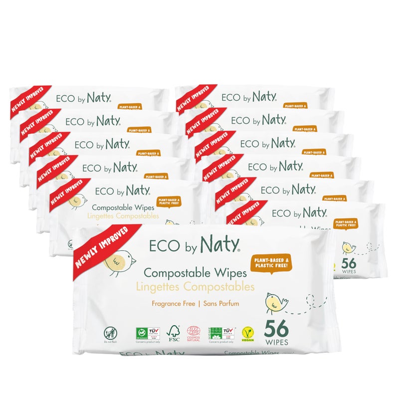 Eco by Naty Baby Wipes Unscented - 100% Compostable and Plant-Based Wipes, Good for Babies and Newborn Sensitive Skin (672 Count - 12 packs of 56) - Image 1