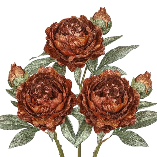 Briful 3PCS Artificial Christmas Peony Flower Stems, 15in Silk Peonies with Bud Fake Peony Floral Arrangement for Xmas Home Vase Party Wedding Bouquet Decor, Bronze - Image 1