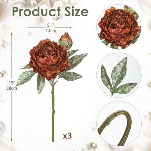 Briful 3PCS Artificial Christmas Peony Flower Stems, 15in Silk Peonies with Bud Fake Peony Floral Arrangement for Xmas Home Vase Party Wedding Bouquet Decor, Bronze - Image 2