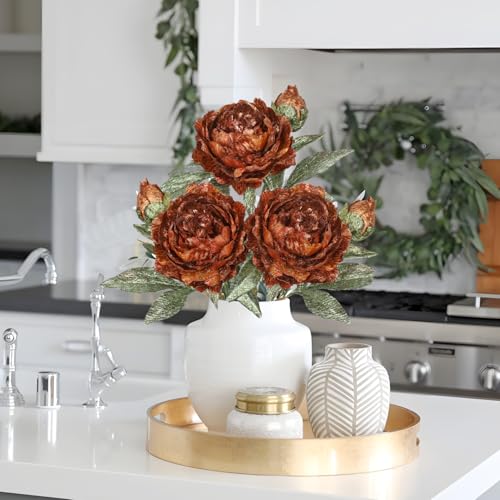 Briful 3PCS Artificial Christmas Peony Flower Stems, 15in Silk Peonies with Bud Fake Peony Floral Arrangement for Xmas Home Vase Party Wedding Bouquet Decor, Bronze - Image 4
