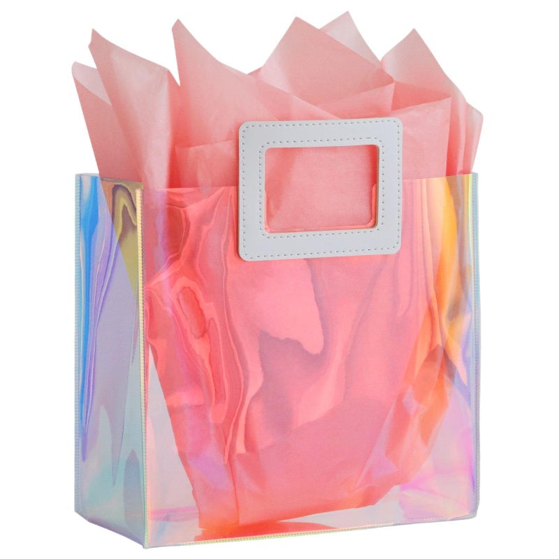 VUOJUR 8.3'' Holographic Small Gift Bag with Tissue Paper Reusable Birthday Gift Bag for Girls Women Iridescent Bachelorette Wedding Bridal Bridesmaid Tote Bag (Pack of 1, S- Coral) - Image 1