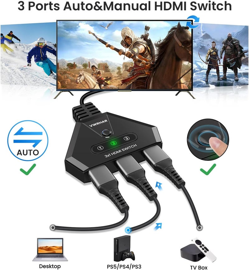 محول HDMI، محول HDMI 4K 60Hz 3 مدخلات ومخرج واحد، متعدد HDMI مع كابل عالي السرعة، محول HDMI 2.1 UHD/3D/4K للتلفزيون و Fire Stick و PS5 و Sky Box و X Box وأجهزة ألعاب الفيديو و DVD و PC و Roku وغيرها. - Image 3