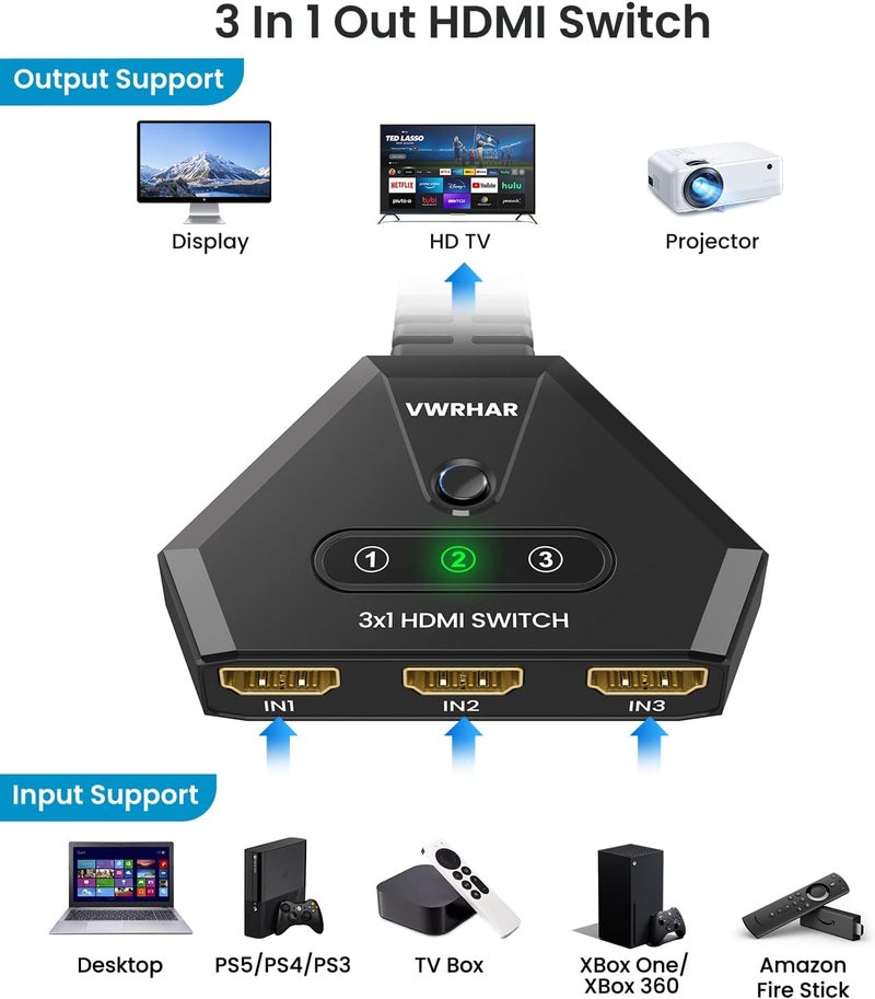 محول HDMI، محول HDMI 4K 60Hz 3 مدخلات ومخرج واحد، متعدد HDMI مع كابل عالي السرعة، محول HDMI 2.1 UHD/3D/4K للتلفزيون و Fire Stick و PS5 و Sky Box و X Box وأجهزة ألعاب الفيديو و DVD و PC و Roku وغيرها. - Image 2