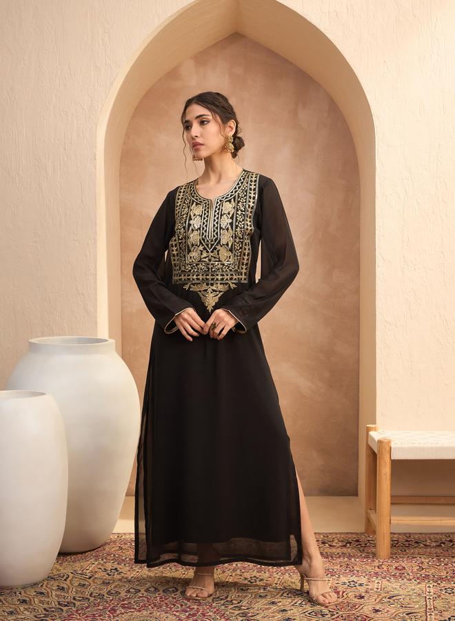 ساسافراس عباية ساسافراس نسائية سوداء مزينة بياقة مستديرة - Image 2