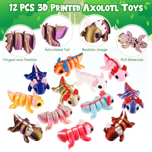 Honoson 12 Pcs 3D Printed Fidget Toy 3D Printed Axolotl Small Animal Toy Flexible Cute Articulating Pet Stress Relief Fidget Toys for Play and Display(5cm) - Image 3