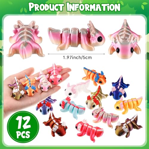 Honoson 12 Pcs 3D Printed Fidget Toy 3D Printed Axolotl Small Animal Toy Flexible Cute Articulating Pet Stress Relief Fidget Toys for Play and Display(5cm) - Image 2