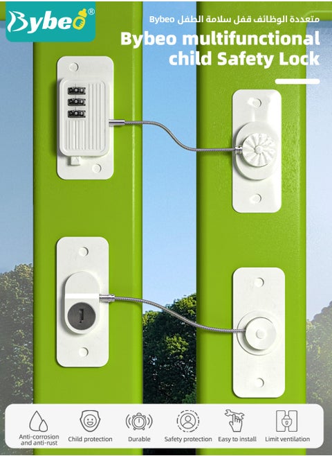 2-Piece Baby Safety Locks, Combination Lock and Key Lock, Kids Security Locks Set, Adjustable Children Safety Locker for Window, Freezer, Cabinet, Drawers, Door, 3M Adhesive Pads, No Drilling, Ideal for Toddlers Children and Kids
