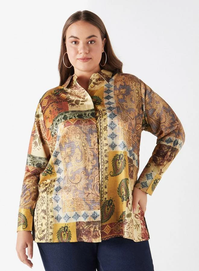 Ulla Popken Plus Size Ulla Popken Printed Shirt with Collar and Long Sleeves