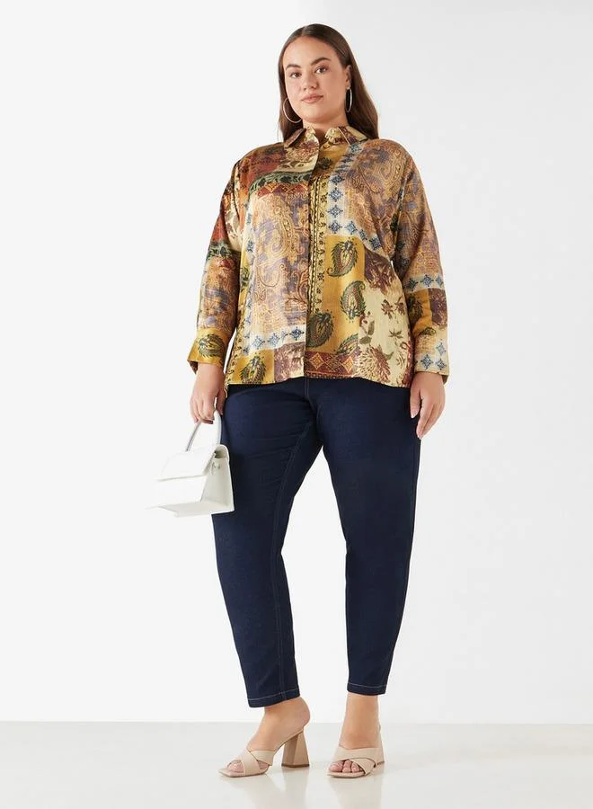 Ulla Popken Plus Size Ulla Popken Printed Shirt with Collar and Long Sleeves